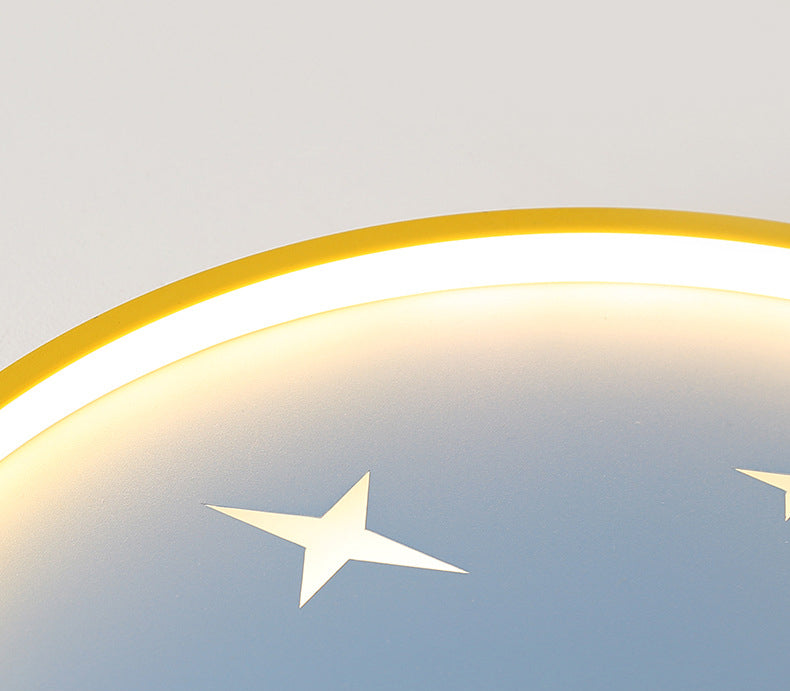 Yellow-Blue Circle Flush Light Cartoon Metal LED Ceiling Mount Lamp with Rocket Decor