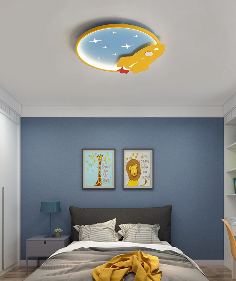Lampe de plafond LED en métal de dessin animé de lumière affleurante de cercle jaune-bleu avec le décor de fusée
