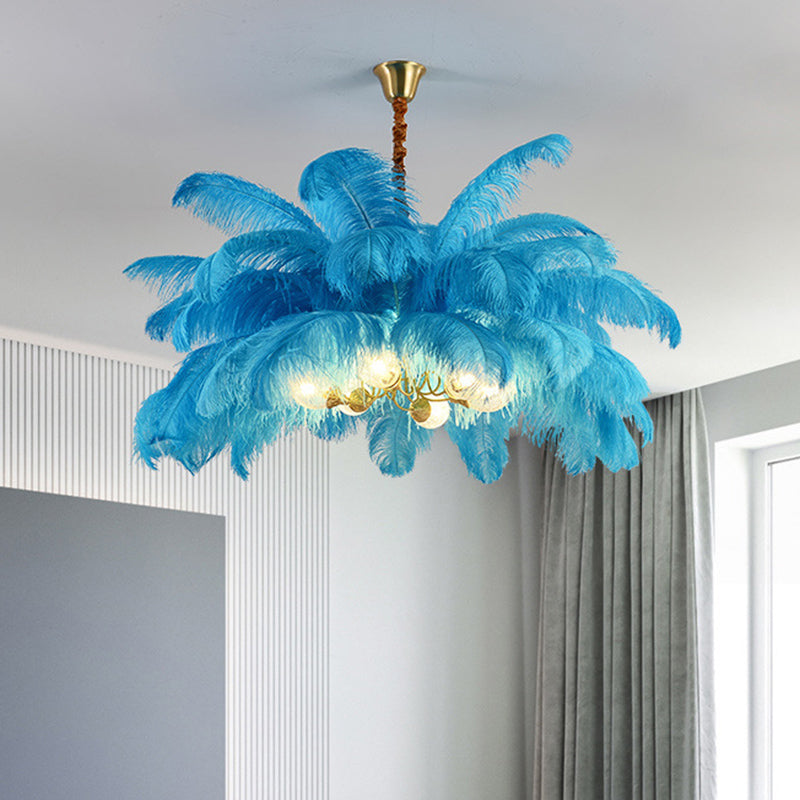 Ostrich Feather Ceiling Chandelier Modern Nordic Creative 6 Light Hanging Ceiling Light for Bedroom