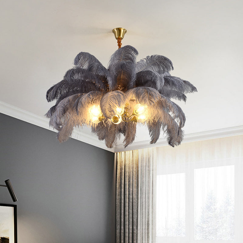 Ostrich Feather Ceiling Chandelier Modern Nordic Creative 6 Light Hanging Ceiling Light for Bedroom