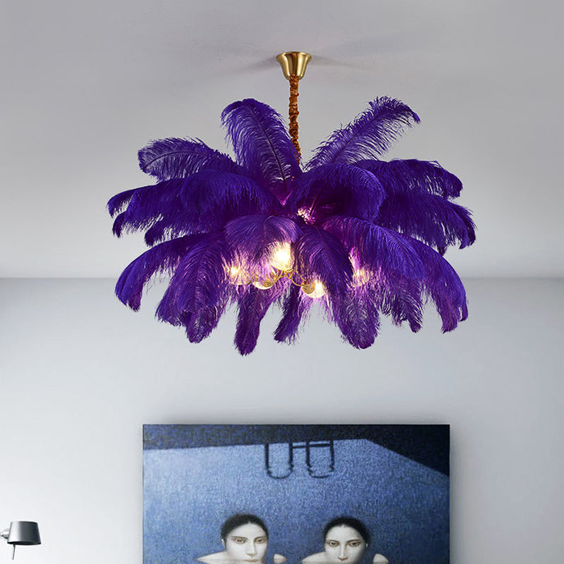 Ostrich Feather Ceiling Chandelier Modern Nordic Creative 6 Light Hanging Ceiling Light for Bedroom
