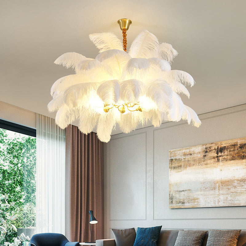 Ostrich Feather Ceiling Chandelier Modern Nordic Creative 6 Light Hanging Ceiling Light for Bedroom
