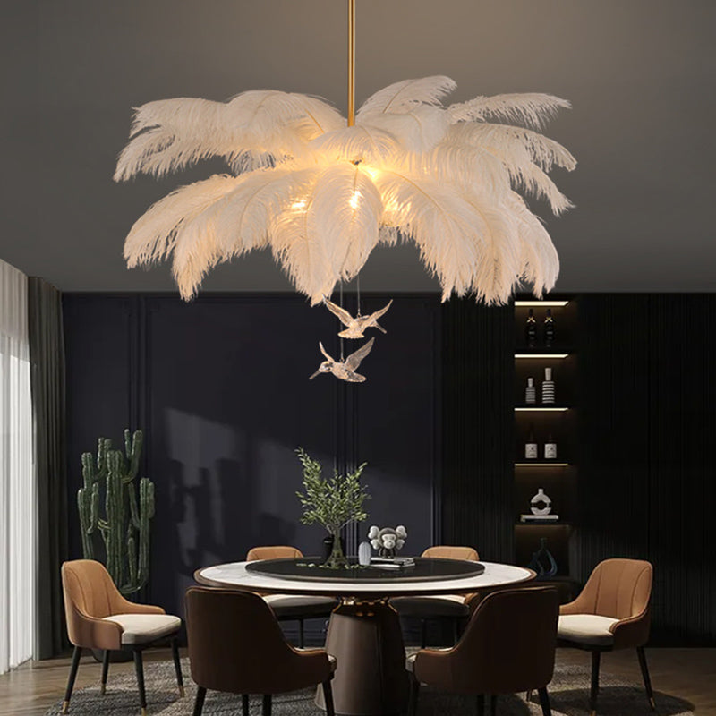 Ostrich Feather Ceiling Chandelier Modern Nordic Creative White Hanging Ceiling Light for Bedroom