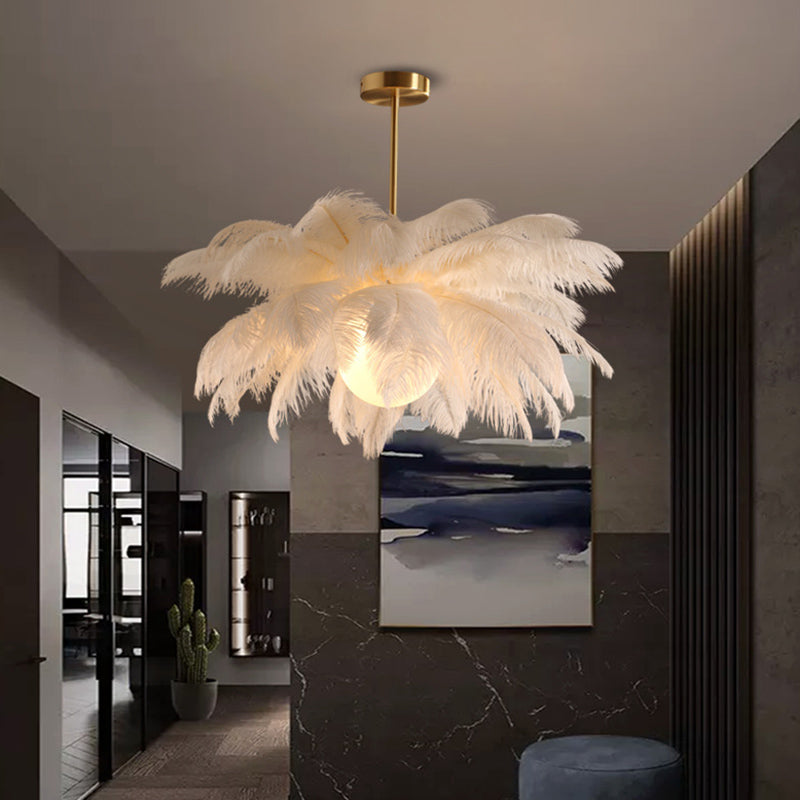 Ostrich Feather Ceiling Chandelier Modern Nordic Creative White Hanging Ceiling Light for Bedroom