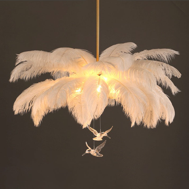 Ostrich Feather Ceiling Chandelier Modern Nordic Creative White Hanging Ceiling Light for Bedroom