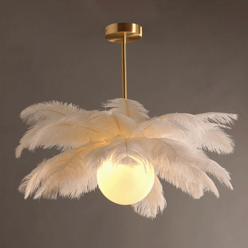 Ostrich Feather Ceiling Chandelier Modern Nordic Creative White Hanging Ceiling Light for Bedroom
