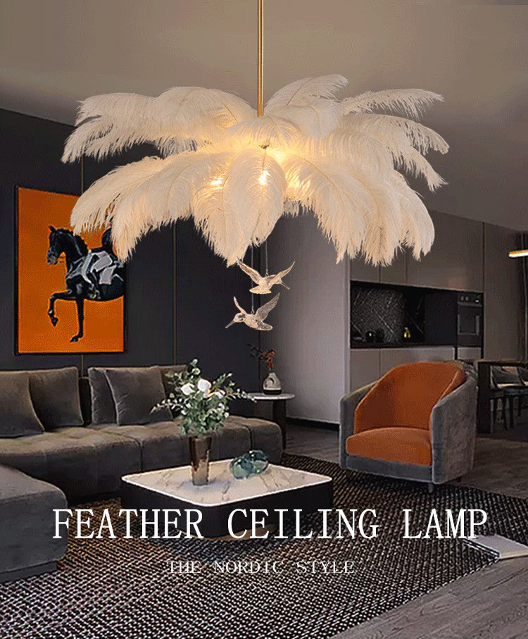 Ostrich Feather Ceiling Chandelier Modern Nordic Creative White Hanging Ceiling Light for Bedroom