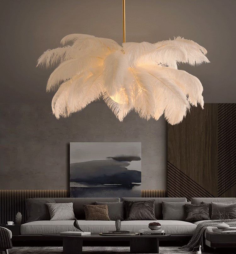 Ostrich Feather Ceiling Chandelier Modern Nordic Creative White Hanging Ceiling Light for Bedroom