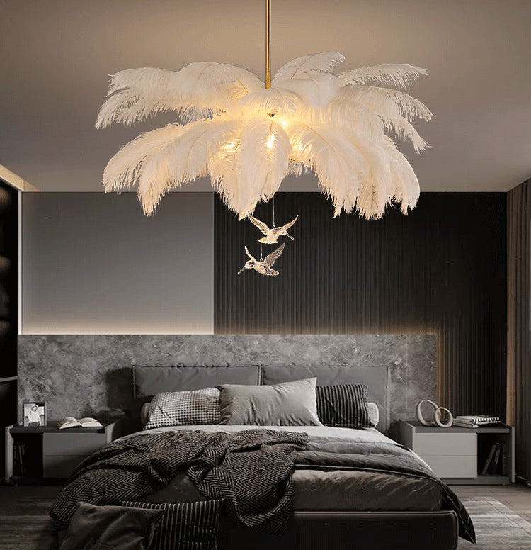 Ostrich Feather Ceiling Chandelier Modern Nordic Creative White Hanging Ceiling Light for Bedroom