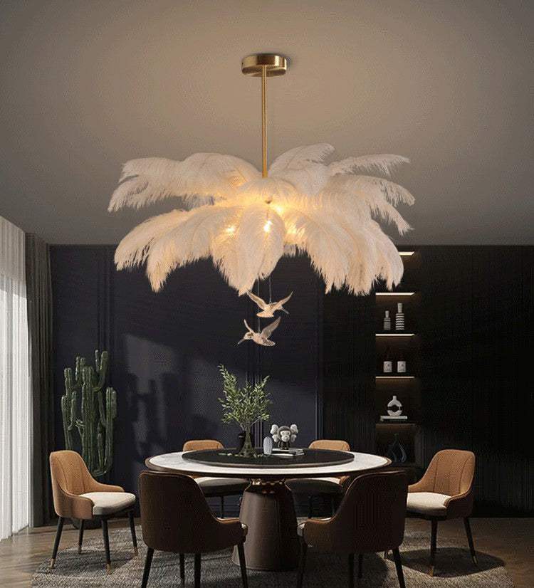 Ostrich Feather Ceiling Chandelier Modern Nordic Creative White Hanging Ceiling Light for Bedroom