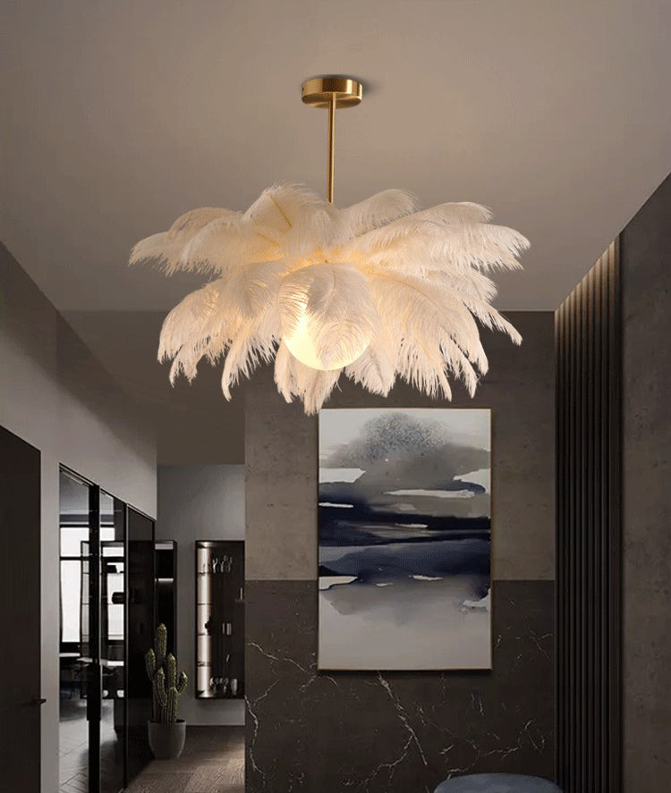 Ostrich Feather Ceiling Chandelier Modern Nordic Creative White Hanging Ceiling Light for Bedroom