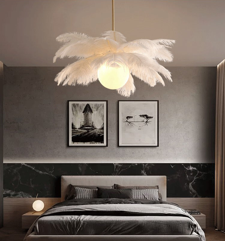 Ostrich Feather Ceiling Chandelier Modern Nordic Creative White Hanging Ceiling Light for Bedroom