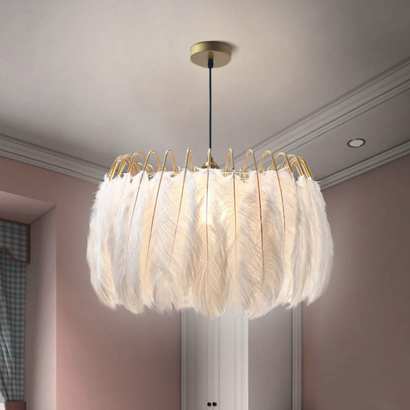 Ostrich Feather Ceiling Chandelier Modern Creative White Hanging Ceiling Light for Girl Bedroom