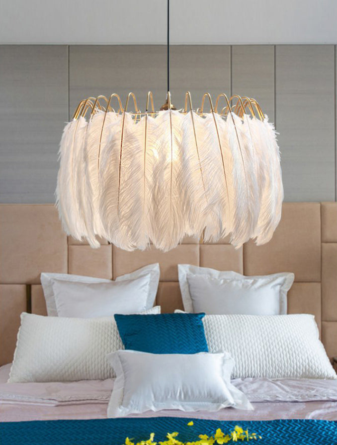 Ostrich Feather Ceiling Chandelier Modern Creative White Hanging Ceiling Light for Girl Bedroom