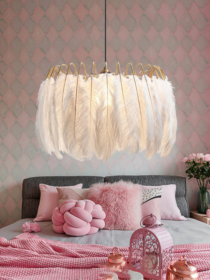 Ostrich Feather Ceiling Chandelier Modern Creative White Hanging Ceiling Light for Girl Bedroom