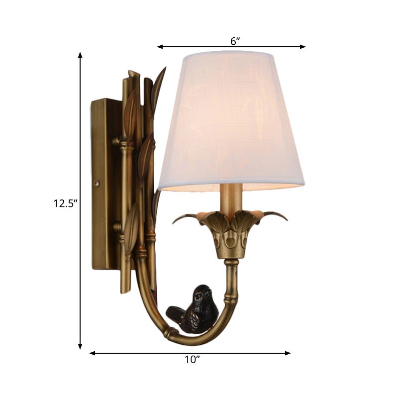 1 Light Wall Lamp Country Cone Fabric Sconce Light Fixture in White with Brass Metal Backplate