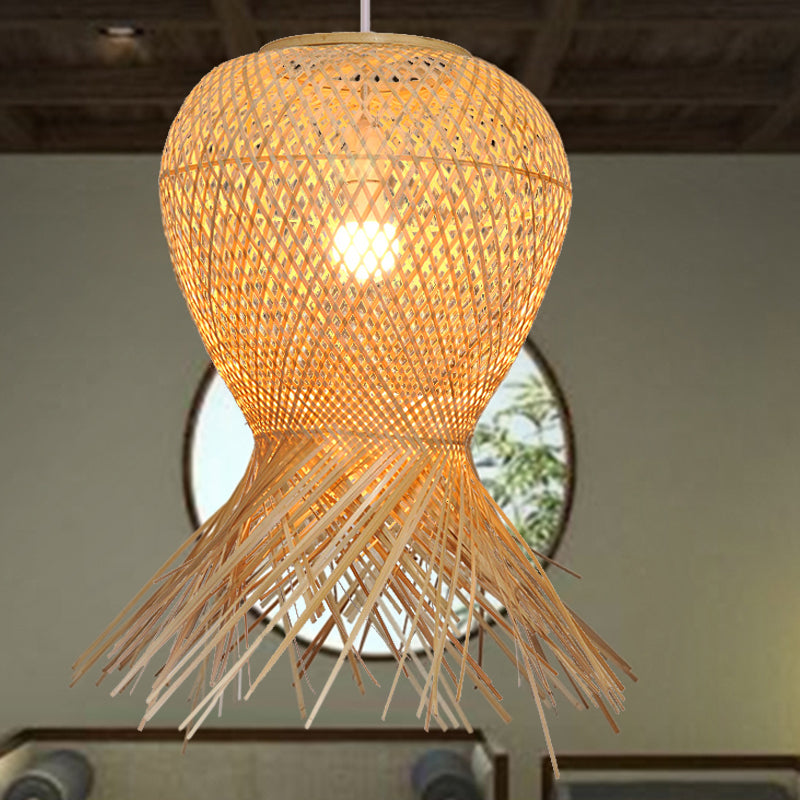 Contemporary Handcrafted Hanging Light Bamboo 1 Bulb Pendant Light Fixture in Beige