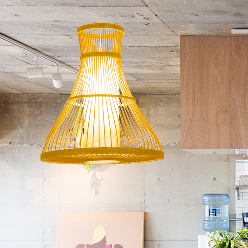 Trumpet Ceiling Light Modernism Bamboo 1 Bulb 12"/16" Wide Wood Pendant Light Fixture