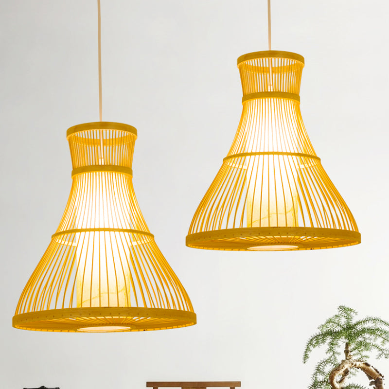Trumpet Ceiling Light Modernism Bamboo 1 Bulb 12"/16" Wide Wood Pendant Light Fixture