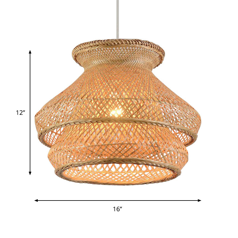 Retro 1 Bulb Suspension Lighting Wood 2-Tier Hanging Ceiling Light with Bamboo Shade