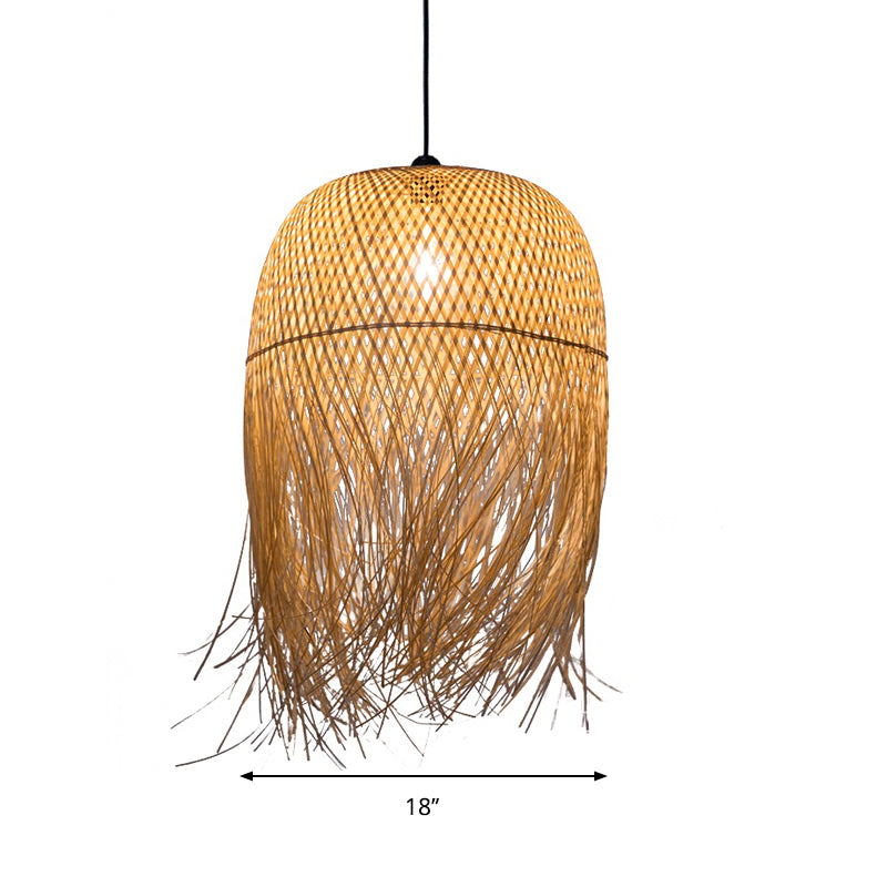 Wood Fringe Hanging Lamp Retro 1 Head Bamboo Ceiling Pendant Light for Restaurant