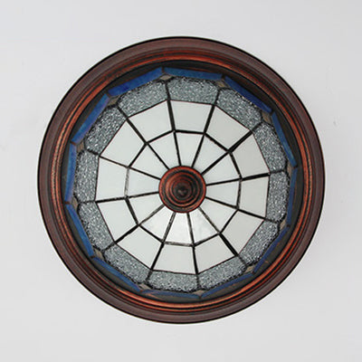 Industrial Vintage Dome Shape Flushmount Ceiling Light Stained Glass 1 Light Flush Mount Ceiling Fixture in White/Clear/Blue