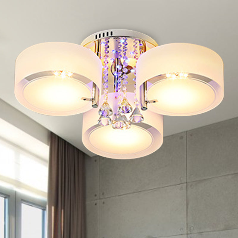 Drum Flush Mount Light Modern Frosted Glass 3/5/6 Heads White Ceiling Light with Crystal Drop