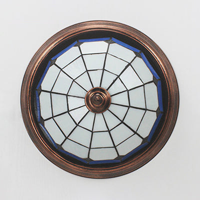 Industrial Vintage Dome Shape Flushmount Ceiling Light Stained Glass 1 Light Flush Mount Ceiling Fixture in White/Clear/Blue