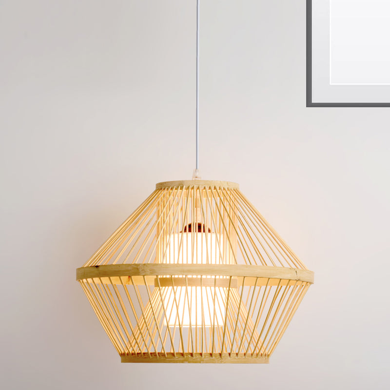 1 Bulb Tapered/Jar Pendant Lighting Traditional Bamboo Hanging Light Fixture in Wood