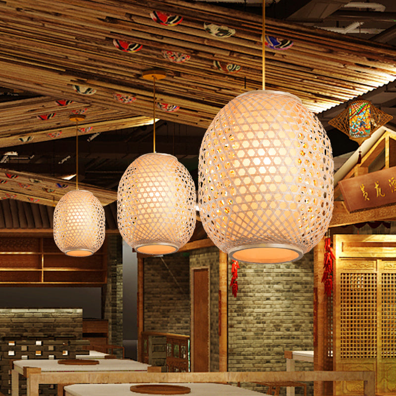 Lantern Suspension Pendant Retro Bamboo 1 Bulb Wood Hanging Light Kit with Inner Fabric Shade