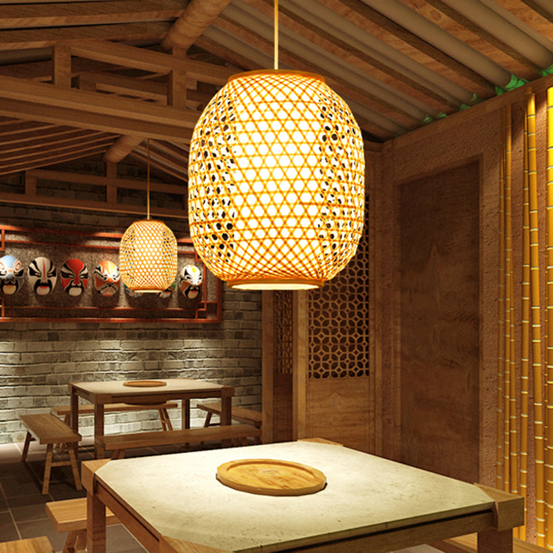 Lantern Suspension Pendant Retro Bamboo 1 Bulb Wood Hanging Light Kit with Inner Fabric Shade