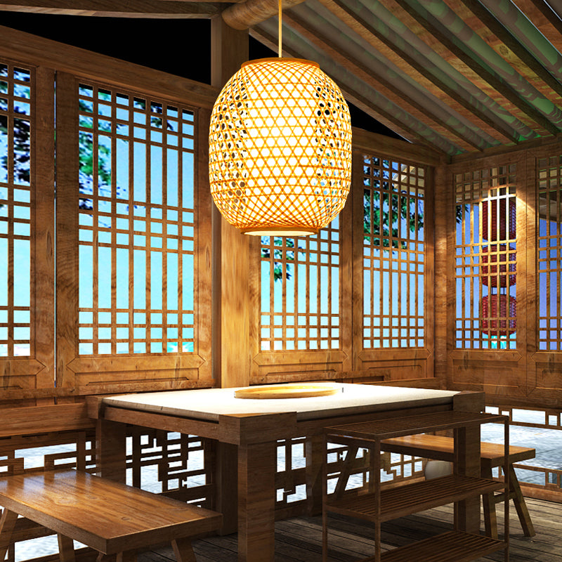 Lantern Suspension Pendant Retro Bamboo 1 Bulb Wood Hanging Light Kit with Inner Fabric Shade