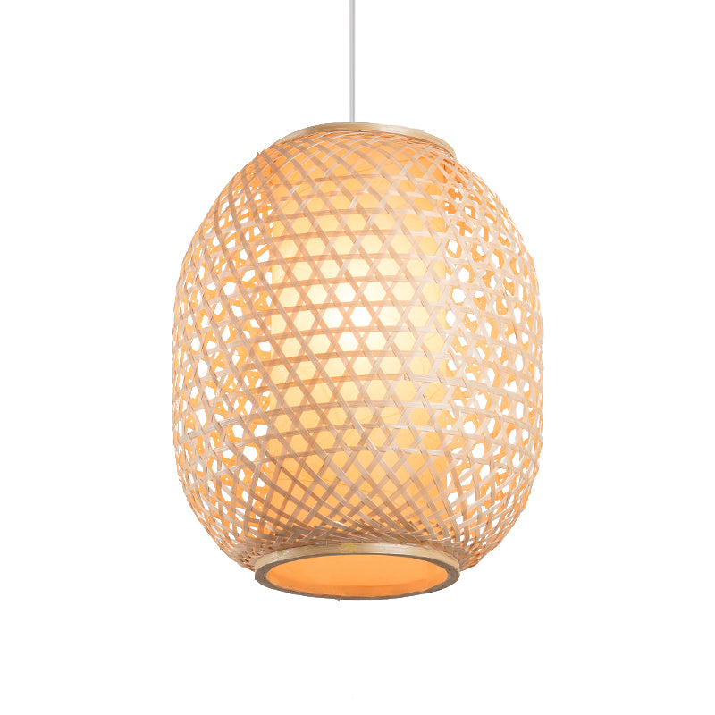 Lantern Suspension Pendant Retro Bamboo 1 Bulb Wood Hanging Light Kit with Inner Fabric Shade