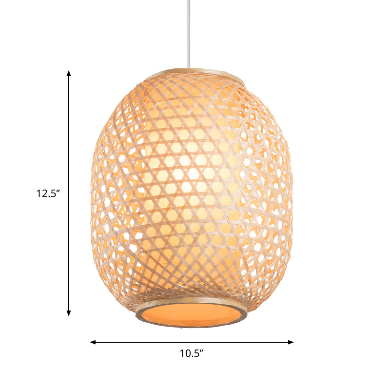 Lantern Suspension Pendant Retro Bamboo 1 Bulb Wood Hanging Light Kit with Inner Fabric Shade