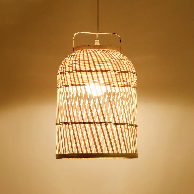 Rustic Bird Cage Hanging Light Bamboo 1 Bulb Ceiling Pendant Lamp in Wood with Handle