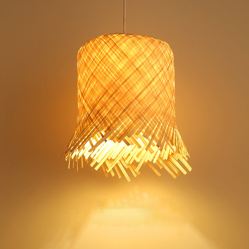 Cylinder Suspension Pendant Contemporary Bamboo 1 Bulb Wood Hanging Light Kit, 8"/10" Wide