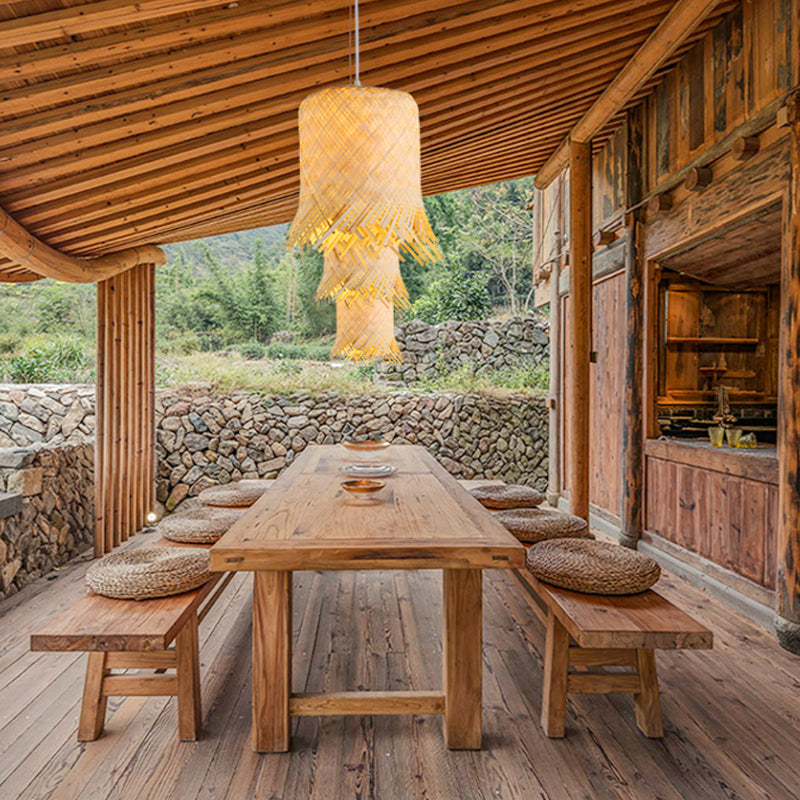 Cylinder Suspension Pendant Contemporary Bamboo 1 Bulb Wood Hanging Light Kit, 8"/10" Wide