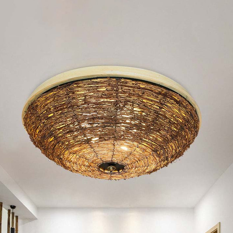 Bowl Flush Ceiling Lamp Tradition Rattan Wood 3 Bulbs Ceiling Light Fixture, 12.5"/16.5" Wide