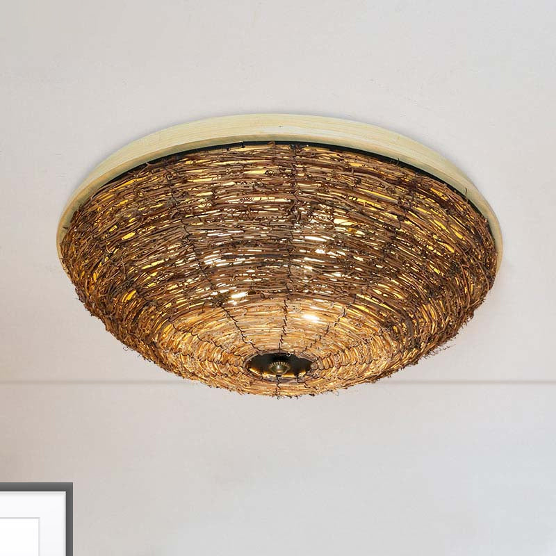 Bowl Flush Ceiling Lamp Tradition Rattan Wood 3 Bulbs Ceiling Light Fixture, 12.5"/16.5" Wide