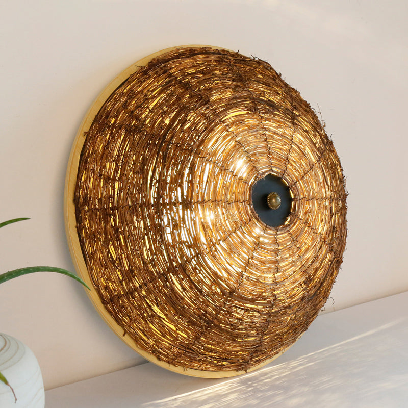 Bowl Flush Ceiling Lamp Tradition Rattan Wood 3 Bulbs Ceiling Light Fixture, 12.5"/16.5" Wide