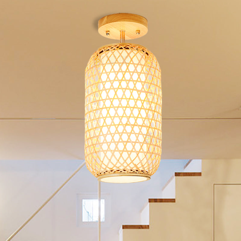 1 Glühbirnenzylinder/Korb/Tasse/Kuppel Semi Flush Light Moderne Bambusendecke montiert im Holz für Wohnzimmer