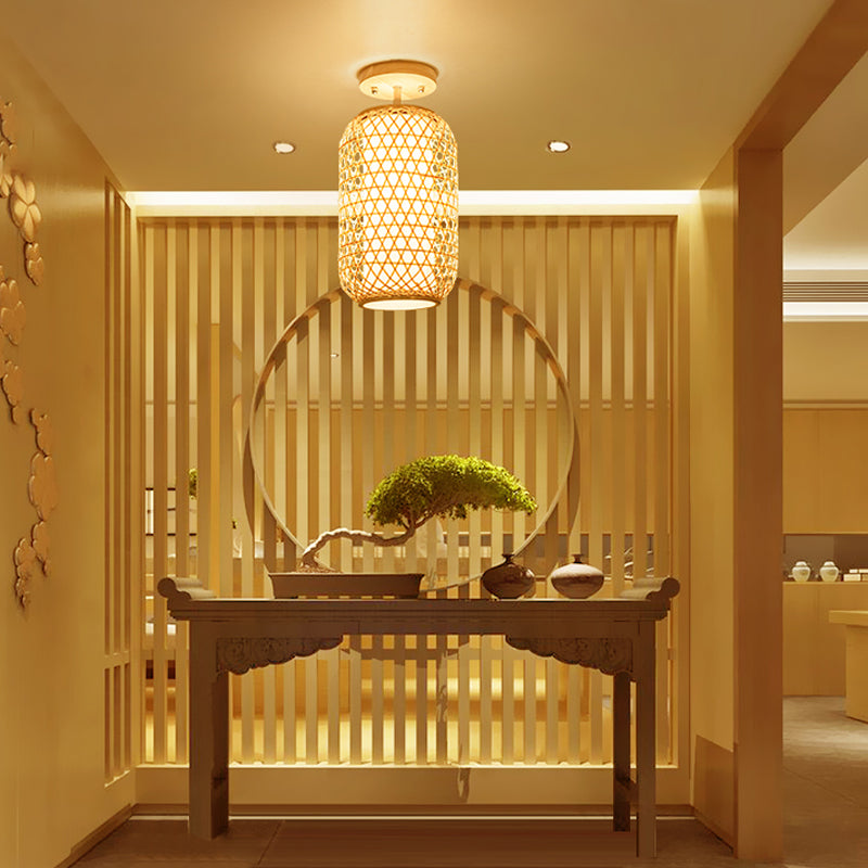 1 Glühbirnenzylinder/Korb/Tasse/Kuppel Semi Flush Light Moderne Bambusendecke montiert im Holz für Wohnzimmer