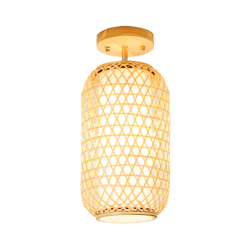 1 Bulb Cylinder/Basket/Cup/Dome Semi Flush Light Modernist Bamboo Ceiling Mounted Fixture in Wood for Living Room