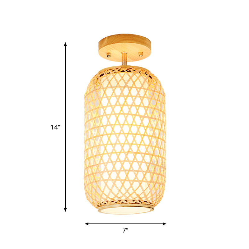 1 Bulb Cylinder/Basket/Cup/Dome Semi Flush Light Modernist Bamboo Ceiling Mounted Fixture in Wood for Living Room