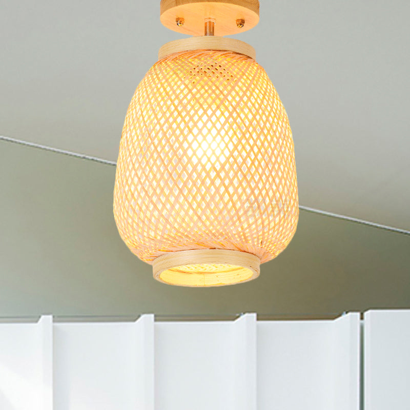 1 Bulb Cylinder/Basket/Cup/Dome Semi Flush Light Modernist Bamboo Ceiling Mounted Fixture in Wood for Living Room