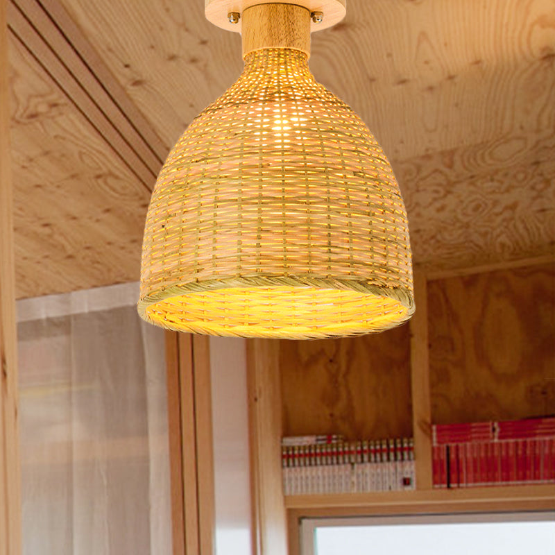 1 Bulb Cylinder/Basket/Cup/Dome Semi Flush Light Modernist Bamboo Ceiling Mounted Fixture in Wood for Living Room