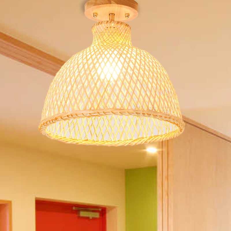 1 Bulb Cylinder/Basket/Cup/Dome Semi Flush Light Modernist Bamboo Ceiling Mounted Fixture in Wood for Living Room