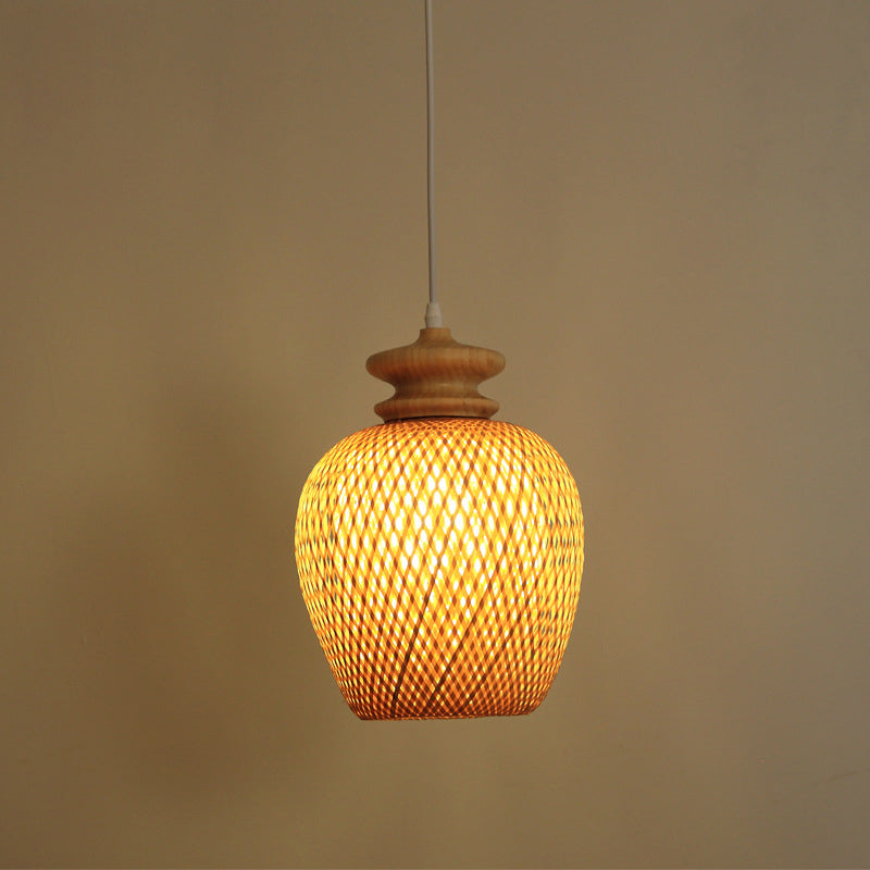 Urn Bamboo Suspension Lighting Traditionary 1 Bulb Wood Hanging Ceiling Light