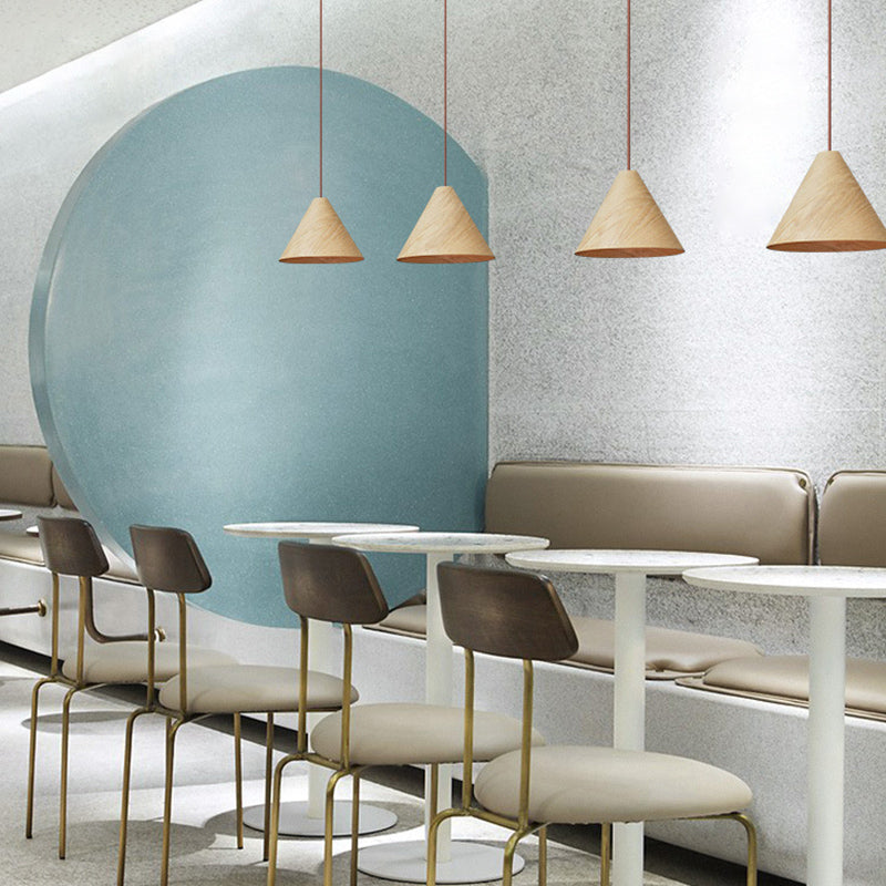 Conical Wooden Pendant Lamp Simplicity 1 Head Beige Hanging Light Fixture for Dining Room