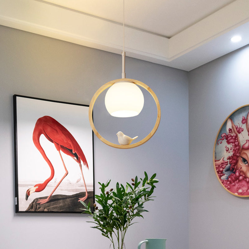Dome Shade White Glass Pendant Nordic Style Wood Suspension Light with Ring and Bird